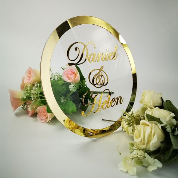 Nom de mariage personnalisé Signe du trame ronde miroir en acrylique autocollant babyshower word signe décor de fête en forme de cercle, comme les clients favorisent le cadeau