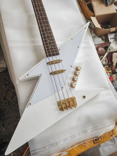 Boulon de foudre abstrait blanc personnalisé 4 cordes guitare basse électrique 23 frettes matériel d'or