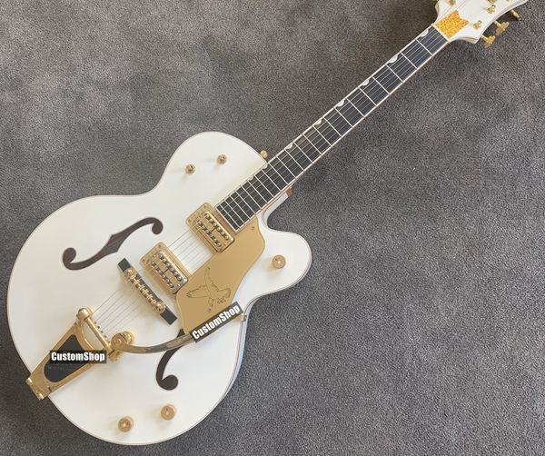 Custom White Falcon 6120 Guitare électrique jazz à corps creux à pan coupé simple, accordeurs impériaux Grover, trous en F surdimensionnés, reliure scintillante dorée, pont Bigs Tremolo