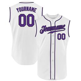 Jersey de béisbol sin mangas auténtico blanco púrpura-negro personalizado 65765