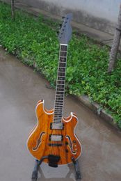 Aangepaste groothandel LANGE ELECITRC SR-012 Semi-holle gitaar toets Ebony Burl Maple Top Ebony Bridge, op maat gemaakte services