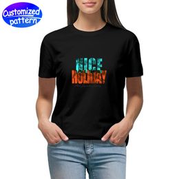 T-shirt personnalisé à manches courtes pour femmes HD boutique Double imprimé col rond renforcé absorbant la transpiration respirant poignets doubles pliés 100% coton 145g lettre noir