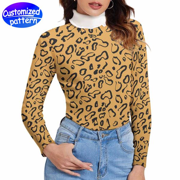 Pull col roulé femme personnalisé motif HD manches longues près du corps chaud mode micro élastique respirant 97% polyester +3% spandex 293g imprimé léopard