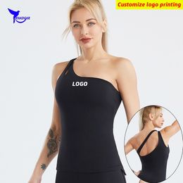 Aangepaste dames sporttanktop voor gym fitness mouwloze één schoudert shirt sportkleding elastische yoga vest hardloop kleding 220608