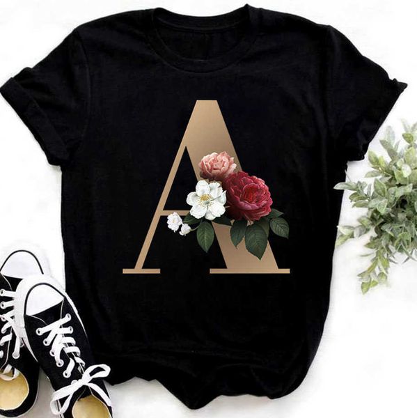 Camiseta de mujer personalizada marca Nombre de verano Fashion Fashion Camiseta Flower Font A B C D E F G Cubra de manga corta Copa negra