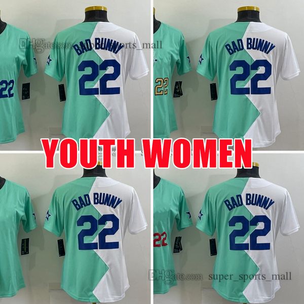 Personnalisé Femmes Jeunesse 22 Bad Bunny 2023 Baseball Jersey World Series Champions City Blanc Rouge Vert Bleu Or Cousu Maillots Taille S-XL