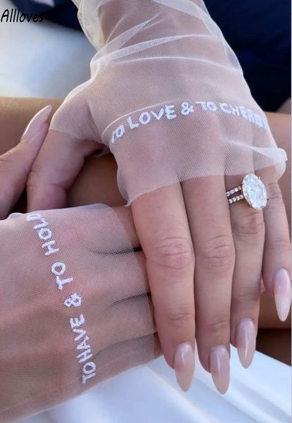 Palabras personalizadas Guantes de boda Trabajo de hilos Tul nupcial Guantes transparentes sin dedos Guantes bordados a mano Tess Vow Letter Guantes para mujer Accesorios de novia CL3014