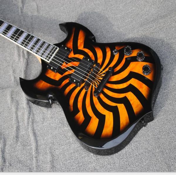 Wylde Audio Barbarian Hellfire Orange Black Buzzsaw Top Maple Top SG Guitare électrique White Mop Large Block Inclay Black8510117