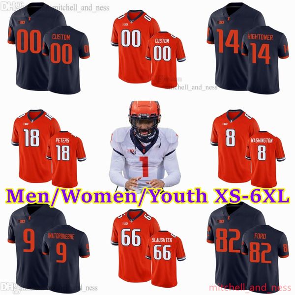 Maillots de football personnalisés XS-6XL NCAA Illinois Fighting Illini 33 Jim Grabowski 26 J.C. Caroline 40 Dana Howard 3 Tony Eason 34 Rashard Mendenhall 1 Isaiah Williams