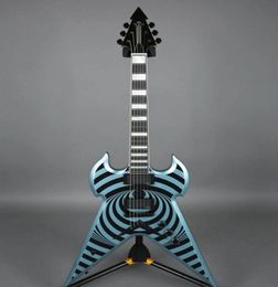 Custom Zakk Wylde Flying V Metal Blue Burst Black Bullseye Guitare électrique MOP Block Inlay EMG Pickups String Thru Body Bridge3391656