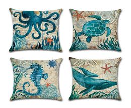 Aanpasbare singlesed printen Marine Sea Turtle Seahorse Whale Octopus Home Cushion Covers 45x45cm linnen Sofa Pillow Bus Dh03356831