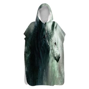 Aanpasbaar wolvenpatroon microvezel dubbelzijdig polyester snel droge droge hooded strandhanddoek Kind zwemmen Poncho Surf Cloak