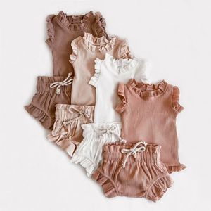 Ensemble de vêtements d'été pour bébés filles, personnalisé, sans manches, 2023 coton, couleur unie, barboteuse côtelée, 100%