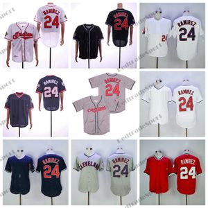 Hommes 24 Manny Ramirez Baseball Jerseys Vintage 1995 WS Cousu Bleu Blanc Gris Jersey Chemises