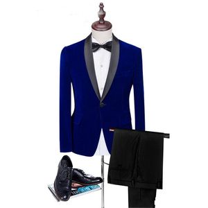 Personaliseer blauw fluwelen bruidegom smoking zwarte revers groomsmen trouwjurk herfst winter stijl mannen formele partij prom pak (jas + broek + stropdas) 885