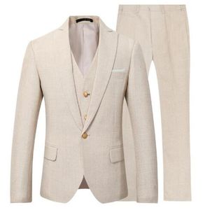 Personnalisez la conception Beige clair Hommes Tuxedos de mariage Tuxedos de marié Peak Revers Un bouton Hommes Dîner / Robe Darty (Veste + Pantalon + Cravate + Gilet) 1857