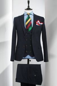 Aanpassen Designe Navy Blue Rattice Bruidegom Tuxedos GroomsMen Mens Trouwjurk Populaire Man Jas Blazer 3piece Suit (Jas + Broek + Vest + Tie) 1