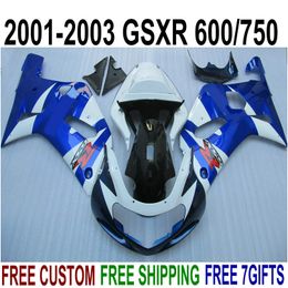 Personaliseer Verkortingen Set voor Suzuki GSXR600 GSXR750 2001-2003 K1 Blauw Wit Zwart Hoogwaardige Fairing Kit GSXR 600 750 01 02 03 EF1