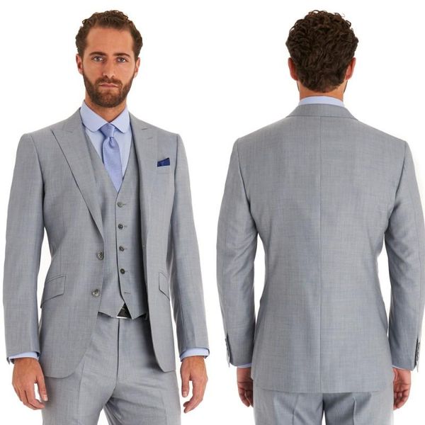 Personnalisez les smokings de marié gris clair, blazer de marié à deux boutons, excellent costume de bal formel pour hommes d'affaires (veste + pantalon + cravate + gilet)