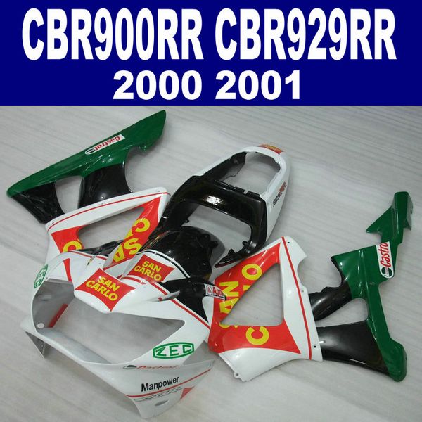 Juego de carenados de motocicleta personalizados para HONDA CBR929 2000 2001 kit de carenado de plástico verde blanco negro CBR 929 RR CBR900RR HB9