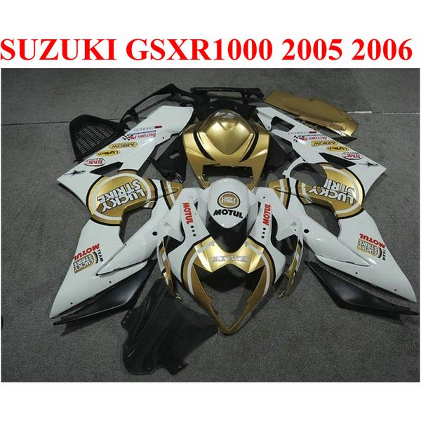 Personalice las piezas de la motocicleta para el kit de carenado SUZUKI GSXR1000 2005 2006 K5 K6 05 06 GSXR 1000 carenado LUCKY STRIKE blanco dorado set EF70