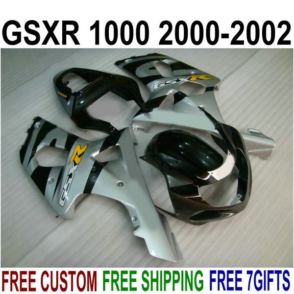 Personnaliser les pièces de moto pour SUZUKI GSXR1000 K2 2000 2001 2002 carénages noir argent GSX-R1000 00 01 02 kit de carénage YR72