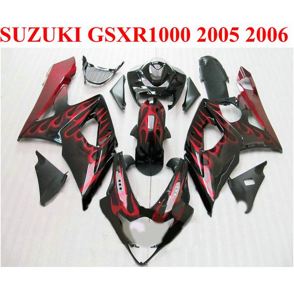 Personalize as peças da motocicleta para SUZUKI GSXR1000 2005 2006 kit de carenagem K5 K6 05 06 GSXR 1000 vermelho chamas preto ABS conjunto de carenagens EF46