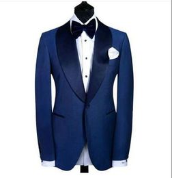 Aanpassen One Button Blue Bruidegom Tuxedos GroomsMen Blazer Uitstekende Mannen Business Activity Suit Party Prom Pak (Jas + Broek + Bogen Tie) NO: 225