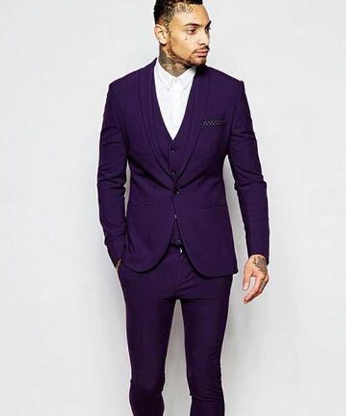 Personnaliser violet châle revers un bouton mariage marié smoking hommes costumes mariage/bal/dîner meilleur homme blazer (veste + cravate + gilet + pantalon) A A