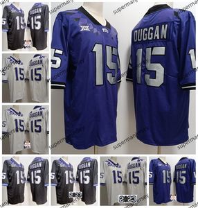 Pas TCU Horned Frogs voetbalshirts NCAA College Mens #15 Max Duggan Jersey aan