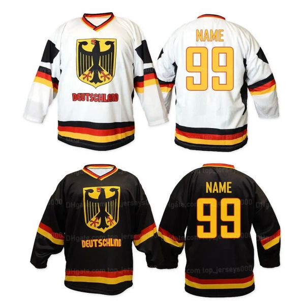 Personnaliser l'équipe allemand de Deutschland Ice Hockey Jersey Mens Embroderie cousue blanche noir n'importe quel numéro et nom de noms