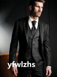 Timpel Tuxedo Black knappe inkeping rapel bruidegom Tuxedos Men Suits Wedding/Prom/Dinner Man Blazer Jacket Pants Tie Vest W1250