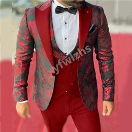 Pas Tuxedo One Button Handsome Peak Rapel Bruidegom Tuxedos Men Suits Wedding/Prom/Dinner Man Blazer Jacket Pants Tie Vest W1221