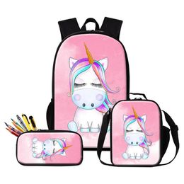 Pas uw eigen ontwerp Logo Backpacks Pencil Case Lunch Bags 3 PCS Set aan voor basisstudenten Kinderen Lovely Unicorn Bookbag Gir313i