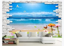 Aangepaste 3D Muurschildering Behang Foto Muurtapier Stereo Witte Muur Wildflower Oceaan Seagull Beach Seaside Blue Sky 3D Achtergrond Muur