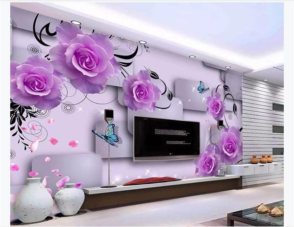 Personnalisé 3d mural papier peint photo papier peint violet pétales de rose tombant en trois dimensions carré mode 3D TV canapé fond mur