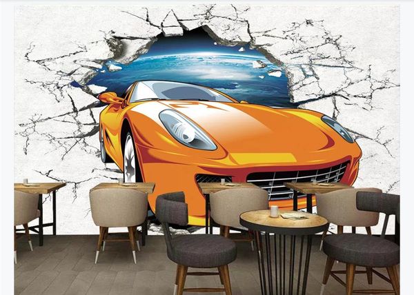 Personnalisé 3d mural papier peint photo papier peint voiture thème voiture de sport briser mur 3D voiture culture mur fond papier peint