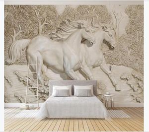 Aangepaste 3D Mural Wallpaper Po Wall Paper 3d driedimensionale reliëf witte paarden slaapkamer woonkamer tv -achtergrond muurschildering W2959824