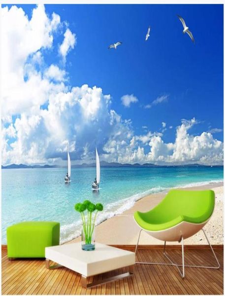 Papel tapiz mural 3d personalizado, papel tapiz po, paisaje de playa, cielo azul, nubes blancas, fondo de TV junto al mar, decoración de pared, papel tapiz fo7590335