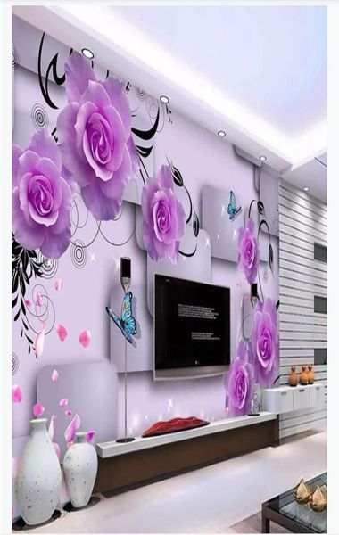 Papier peint mural 3d personnalisé po papier peint violet pétales de rose tombant en trois dimensions carré mode 3D TV canapé fond w6306370