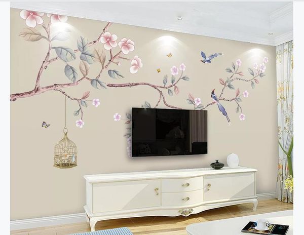Personalizado 3D foto mural papel de pared Nuevo estilo chino pintado a mano flores y pájaros HD sala de estar TV fondo pintura de pared decoración