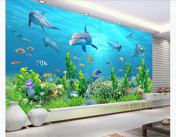 Personalizado 3D foto mural papel de pared Mundo submarino Delfín Tiburón Sirena HD TV Fondo Mural Decoración papel tapiz para paredes 3d