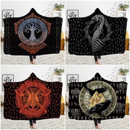 Une couverture à capuche imprimée en 3D personnalisée peut être portée sur une cape en cachemire d'agneau en flanelle thème totem Viking Custom DIY Thin Quilt Sofa blan206S