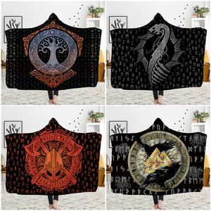 Customized 3D printed hooded blanket can be worn on flannel lamb cashmere cloak Viking totem theme Custom DIY Thin Quilt Sofa blanket