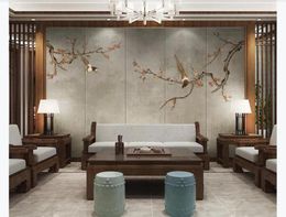 Aangepaste 3D Silk Po Murals Wallpaper Chinese Plum Blossom Magpie Art Living Room TV Achtergrond Wall Painting5705348