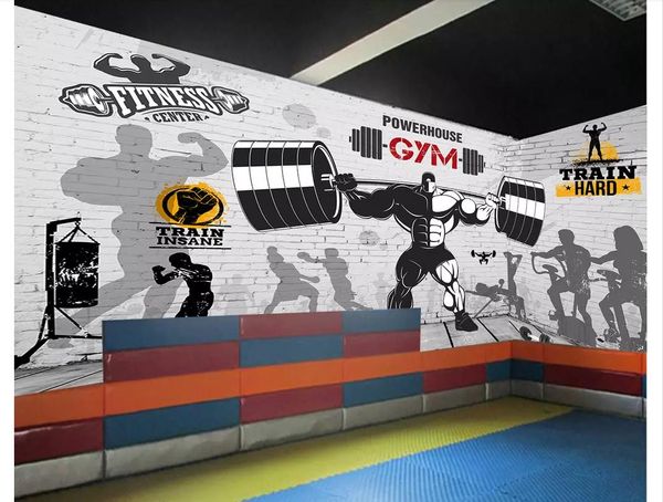 Personalizado 3D estéreo deportes gimnasio foto papel de pared mural pared de ladrillo retro deporte fitness club imagen pared fondo papel tapiz para paredes 3d