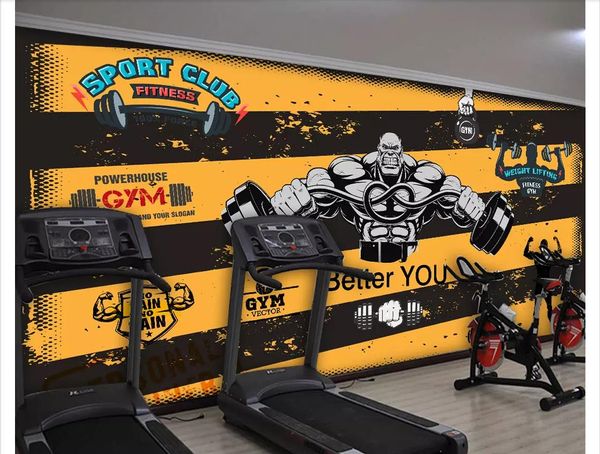 Papel de pared fotográfico estéreo 3D personalizado para gimnasio, deportes, dibujos animados Retro nostálgicos, personaje de fitness, levantamiento de pesas, papel de pared de fondo