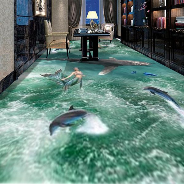Personnalisé maison jardin 3d PVC papier peint auto-adhésif sol bleu océan sirène féroce requin salon chambre TV fond