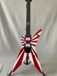 Guitarra eléctrica pintada con forma de V en forma de V personalizada, franja roja, pintura blanca