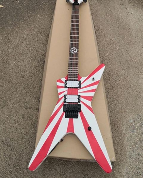 Guitare électrique peinte en forme de V à 6 cordes personnalisée, bande rouge, peinture blanche